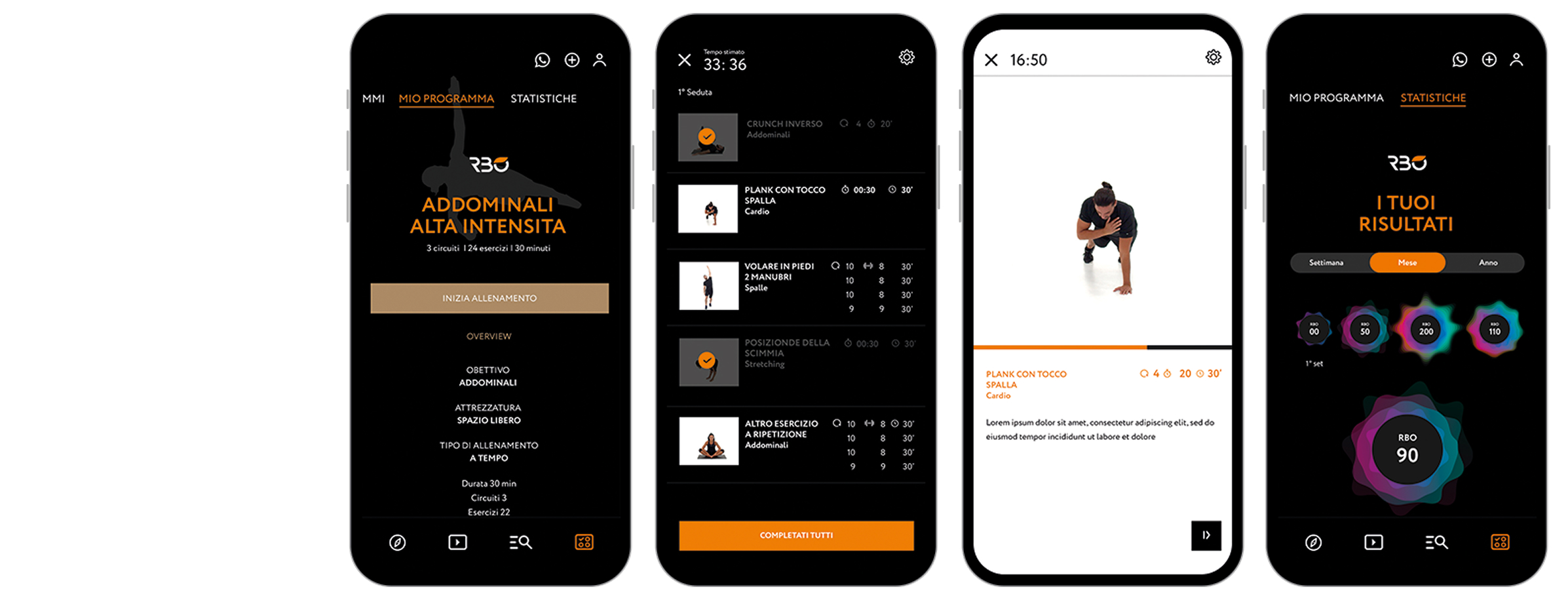 Schermate di video esercizi e i risultati dell'allenamento